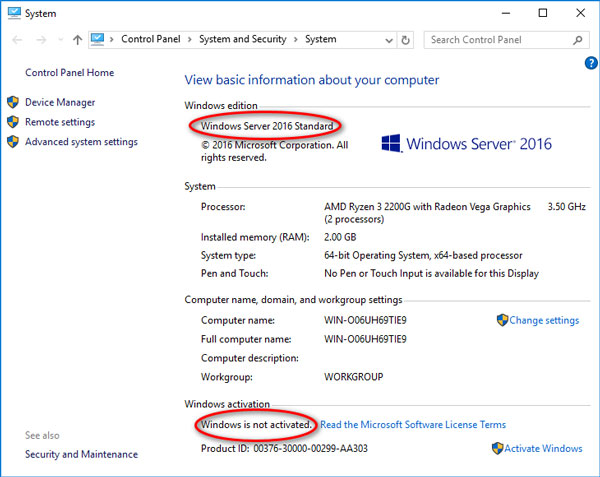 Here is Windows Server status when it is not activated Here is Windows Server status when it is not activated